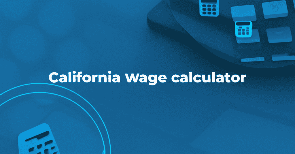 An image showing a person using a California wage calculator on a laptop, with charts and graphs indicating financial data in the background.